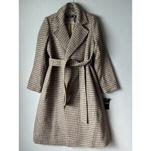 Lauren Ralph Lauren Coat Womens 4 Brown Wool Trench Belted Houndstooth Wrap Long
